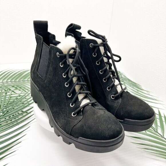 Eileen Fisher Calm Black Leather Lamb Fur Lace Up Boots Sz 6.5 NWOB Cozy Fall - Picture 1 of 10